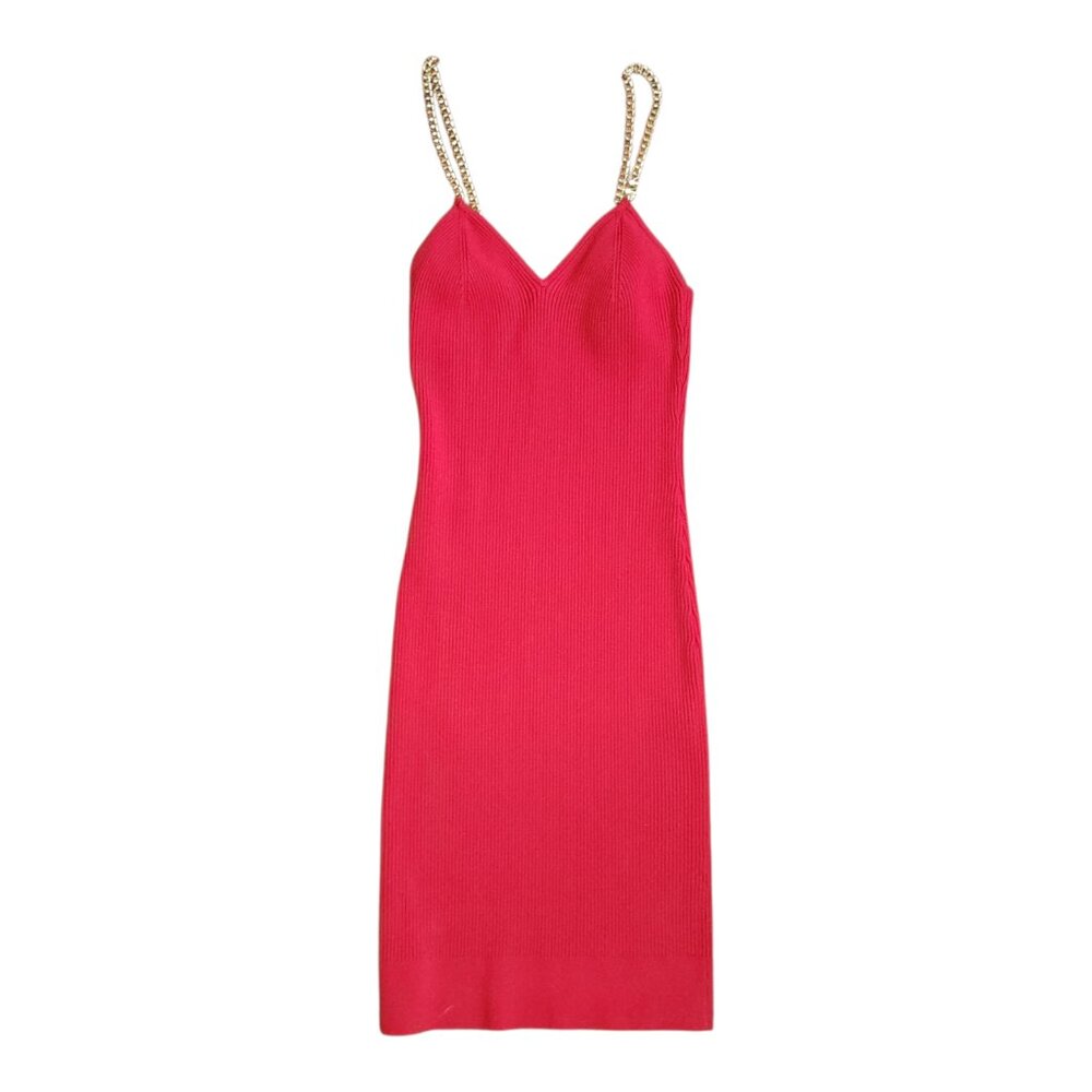 Michael Kors Dress Womens Size XS Red Ribbed Gold Logo Chain Bodycon Stretch
